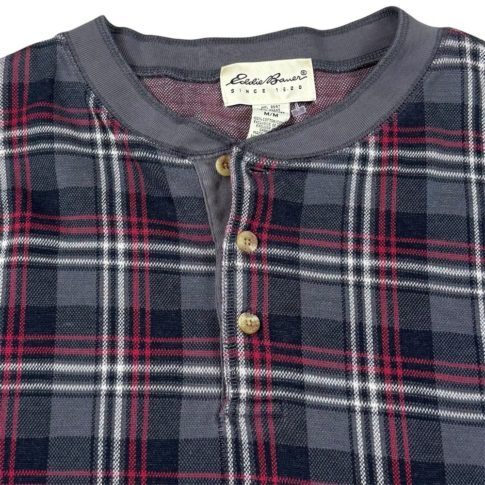 Vintage Eddie Bauer Henley Plaid Long Sleeve Shirt Grey Red Buttons Mens Medium